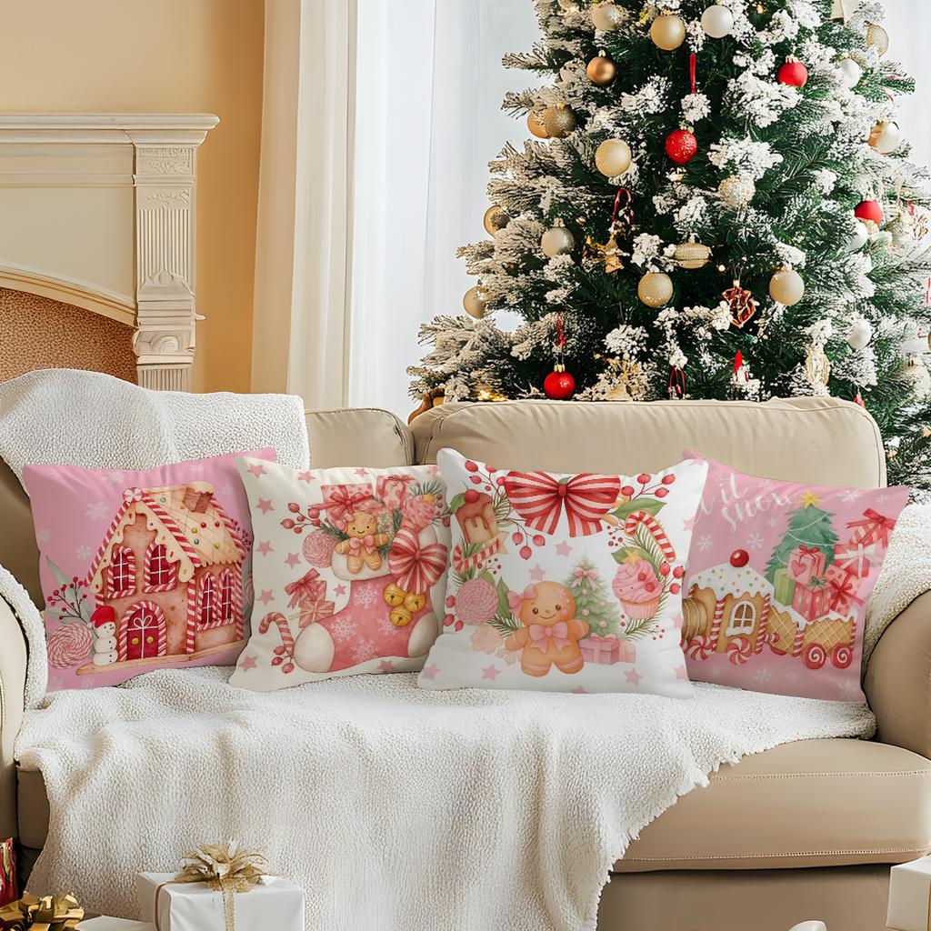 Pink Christmas Gingerbread Man Pillowcase Bedroom Sofa Cushion Cover 100% Polyester Living Room Cushion Pillowcase Home Decor