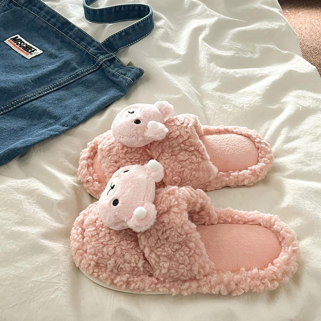 Plush Slippers Women 2025 New Autumn Winter Lightweight Non Slip Soft Sole One Word Slippers Cute Warm Comfortable Flats