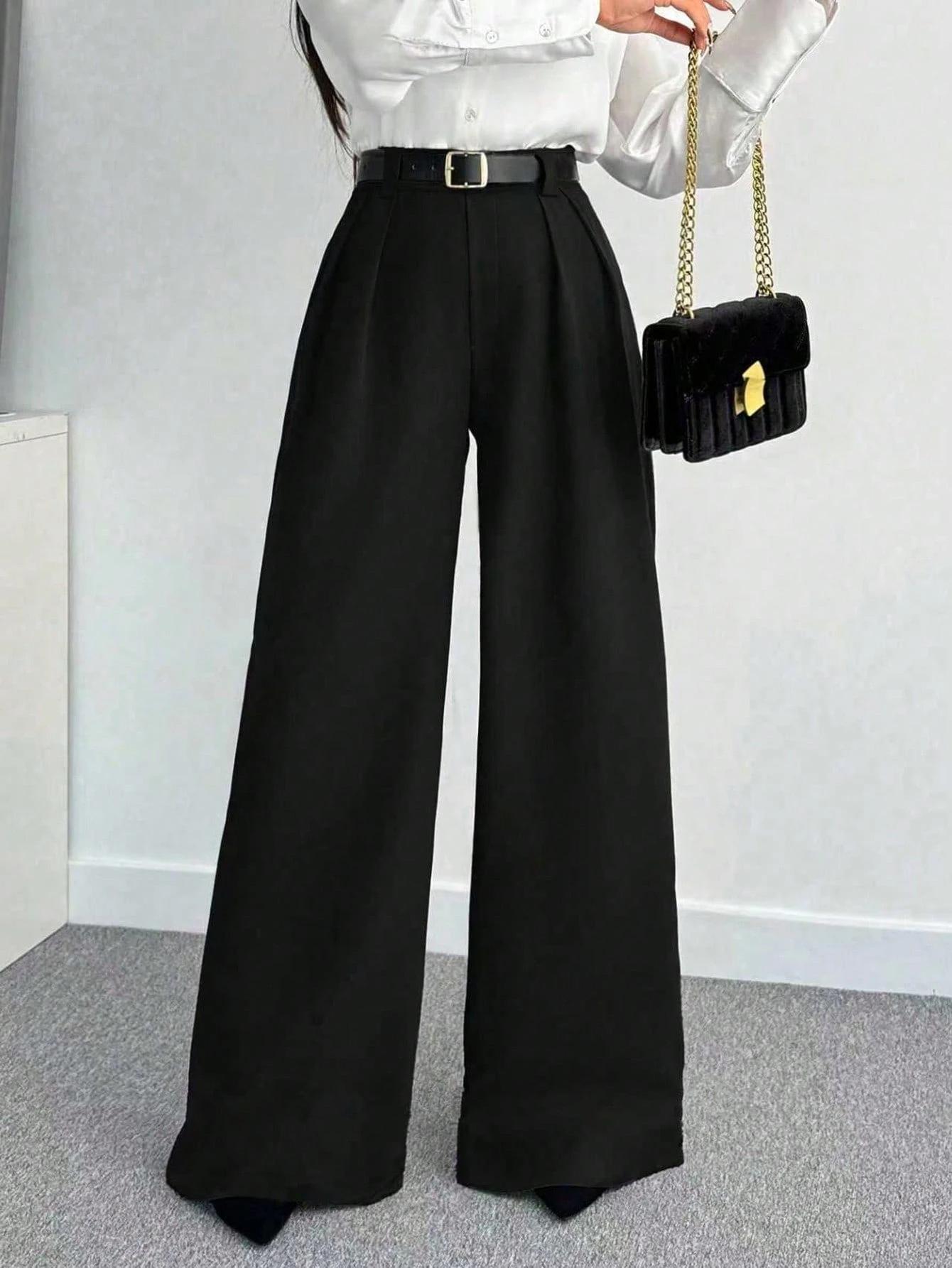 

Black High-Waist Drapey Suit Pants for Women - European & American Style, Petite Size, Autumn & Winter Fashion XL [130-145 lbs] чёрный