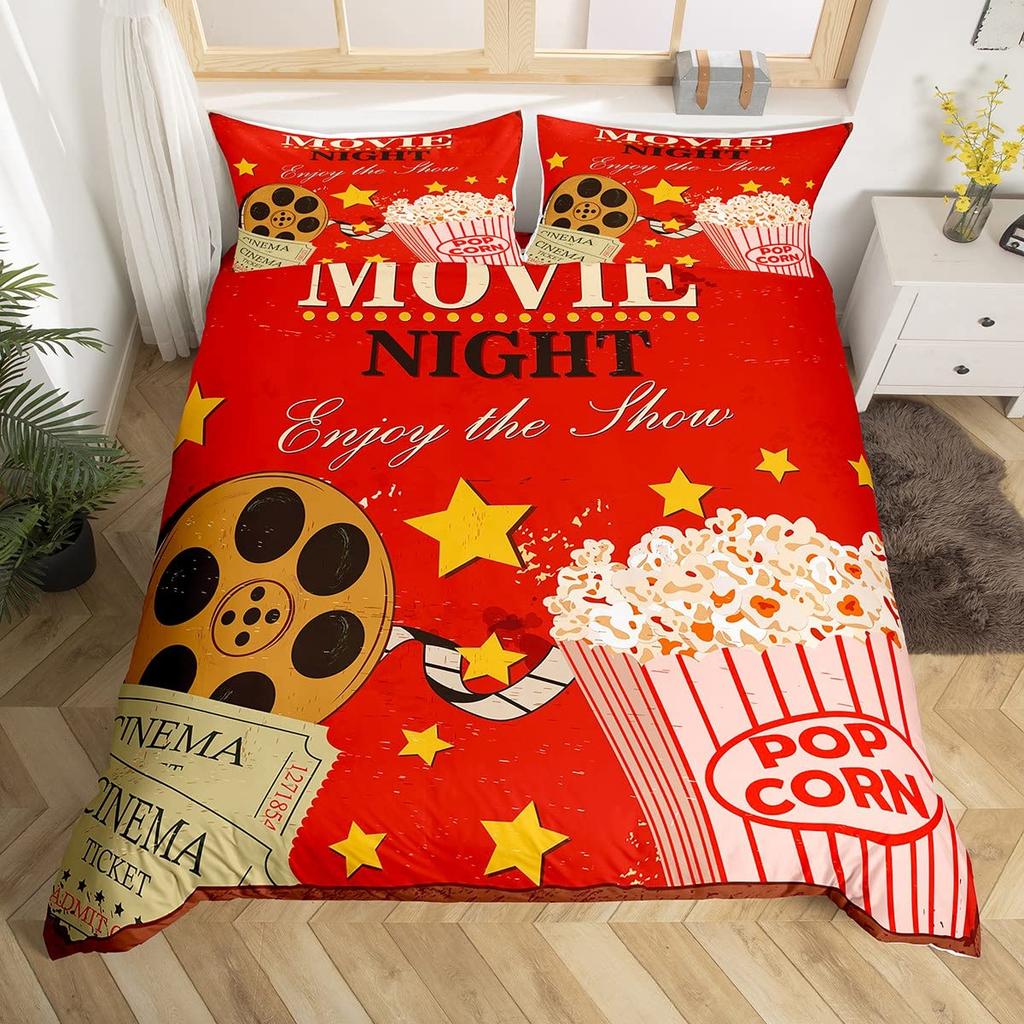 Vintage Kino Bettbezug für Familie Junge Mädchen Heimkinozimmer Dekor Vollständiges Film-Thema Bettdeckenbezug Film-Thema Bettwäscheset