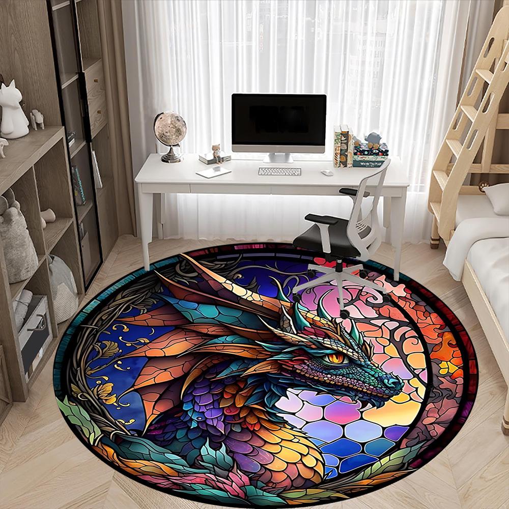 1pc Stained Glass Dragon Office Round Area Rug, Under Office Chairs Bedroom Living Room Home Decor, Room Deco