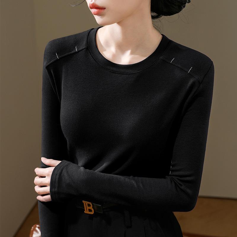 Acetate Wool Bottoming Shirt Women's New Women's Clothing Shoulder-plugged Round Neck Solid Color Long-sleeved Shirt Warm Inner Top
