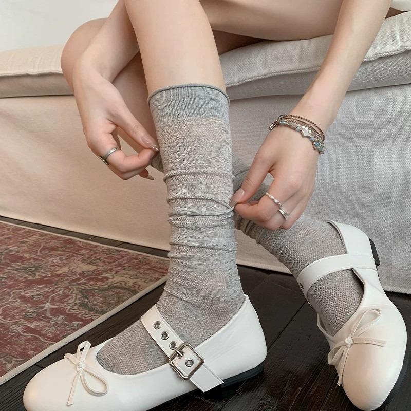 

Sock - Women s Calf-length Thin Style Rolled-edge Open-weave Ballet-style Thigh-high Knee-length Stockings 1 pair сірий колір