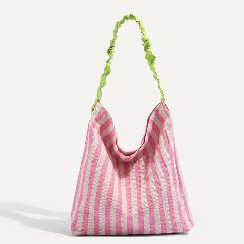 Summer Small Fresh Shoulder Canvas Bag New Contrasting Stripes Large Capacity Pleated Shoulder Strap