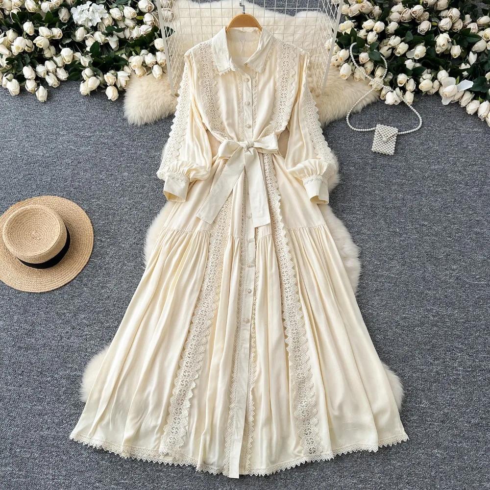 

Винтажный женский халат с отложным воротником, платьем с рукавами-фонариками, кружевной повязкой, бантом, облегающего кроя, с большим подолом, макси-платья, элегантный vestido femme One Size абрикосовый