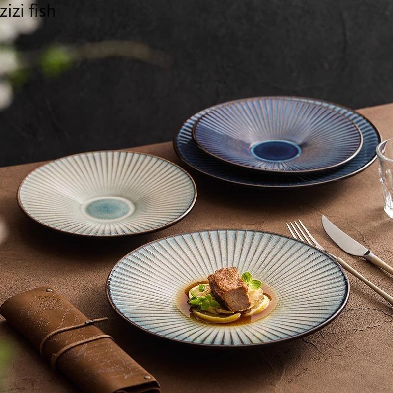 Kiln Changes Striped Ceramic Plate Creative Salad Plate Dessert Plate Italian Noodle Plates Hotel Molecular Cuisine Tableware