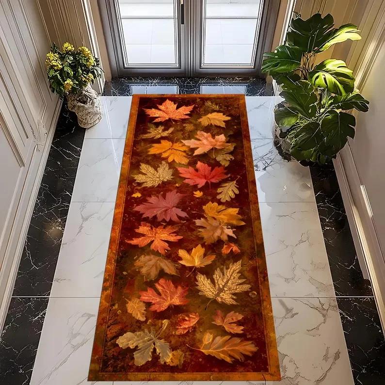 Vibrant Leaf Pattern Runner Rug Colorful Plant Print Carpet for Living Room Corridor Eye Catching Home Decor Non Slip Easy Clean