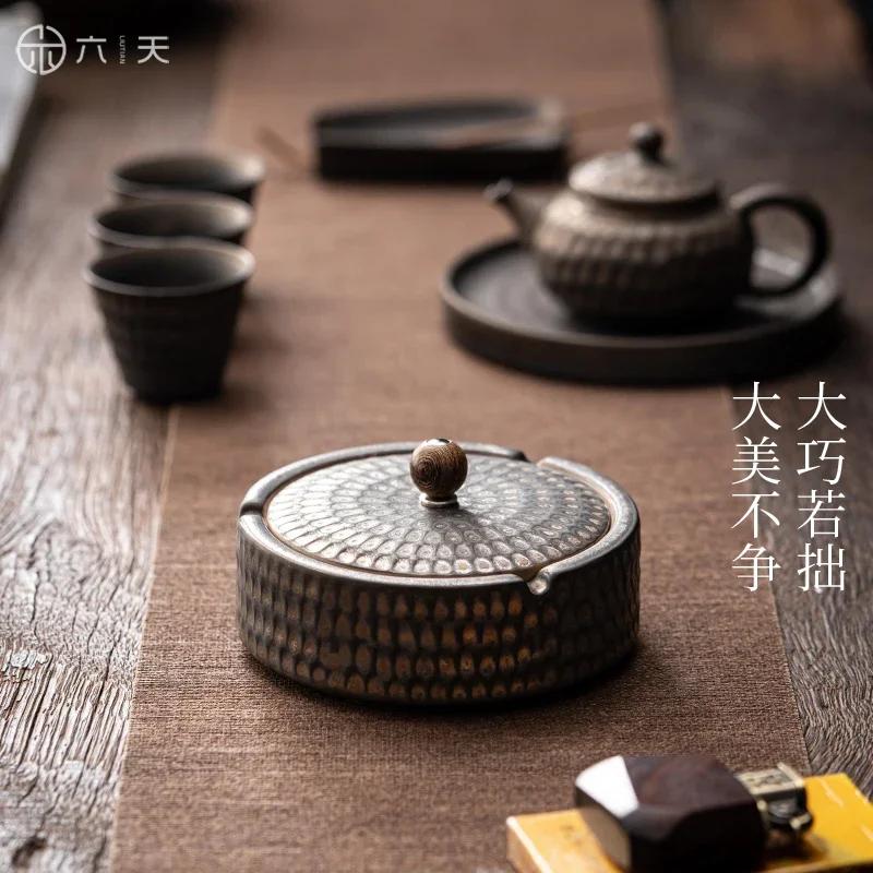 Ceramic Ashtray with Cover Home Office Creative Living Room Chinese Fly Ash Proof Ceramic Ashtray