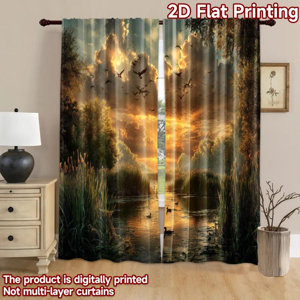 2D Flat Printing 2pcs Curtains Ducks Flying Sunset Lake Digital Printed Polyester Drapes Festive Holiday Use for Holiday Parties