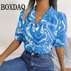 Shirt Fashion Color Matching Printed V-Neck Shirt Ladies Casual Elegant Women Blouse Summer Ladies Hawaiian Vacation Shirts 2025
