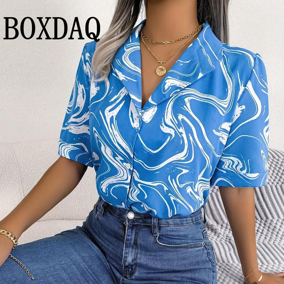 Shirt Fashion Color Matching Printed V-Neck Shirt Ladies Casual Elegant Women Blouse Summer Ladies Hawaiian Vacation Shirts 2025