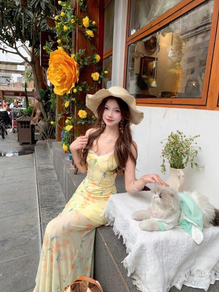 Women's Floral Tie-Up Backless Camisole Maxi Dress - Summer Waist-Cinched Mermaid Style