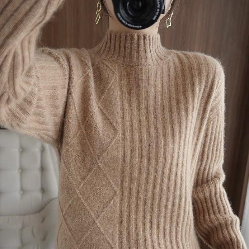 

Свитер женский осенне-зимний полувысокий воротник корейский свободный вязаный свитер ленивый длинный рукав внутренний пуловер XL хаки