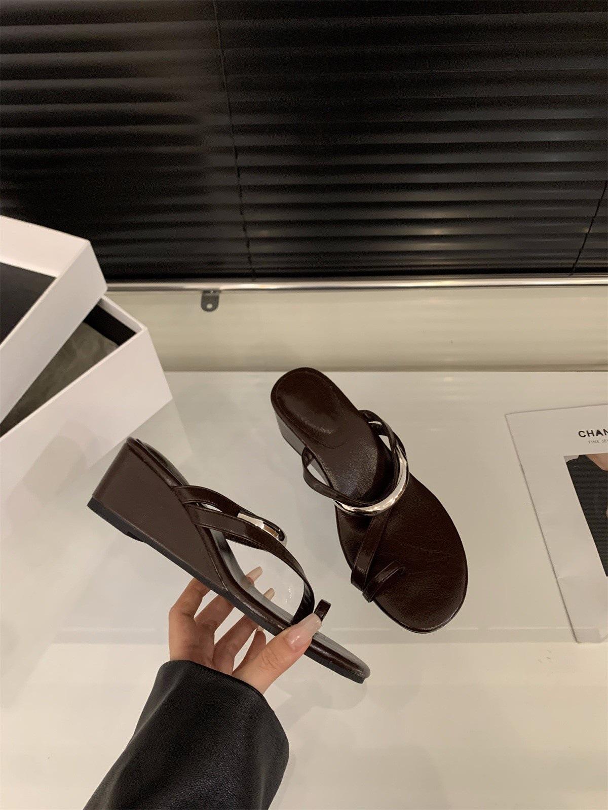 

Wedge heel high heel cover toe cool slippers women s shoes outer wear temperament increased silver sandals 40 коричневый