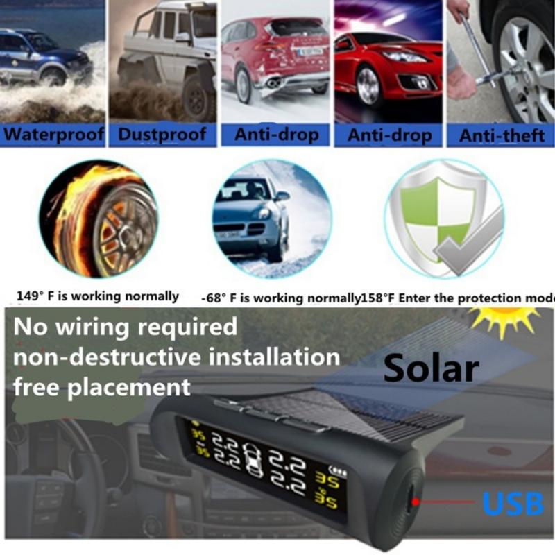 Solar Wireless TPMS Car Tire Tyre Pressure Monitoring System With 4 Sensors Tire Pressure Inspection Tool Digital LCD Display