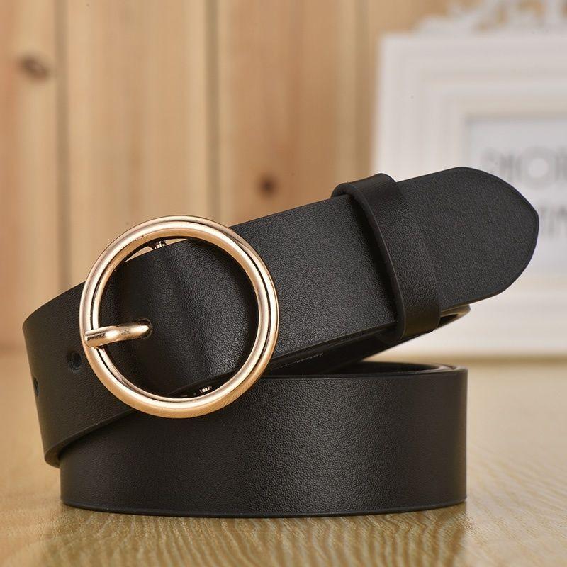 

Leather Black Versatile Dress Belt For Women With Fashionable Buckle Round BlackGold 100cm