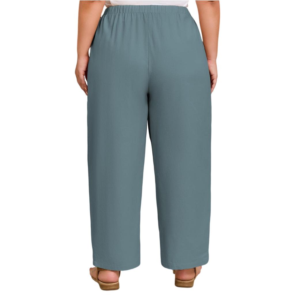 Women Elastic High Waist Pant Casual Fit Wide Leg Long Pants Trousers With Pockets