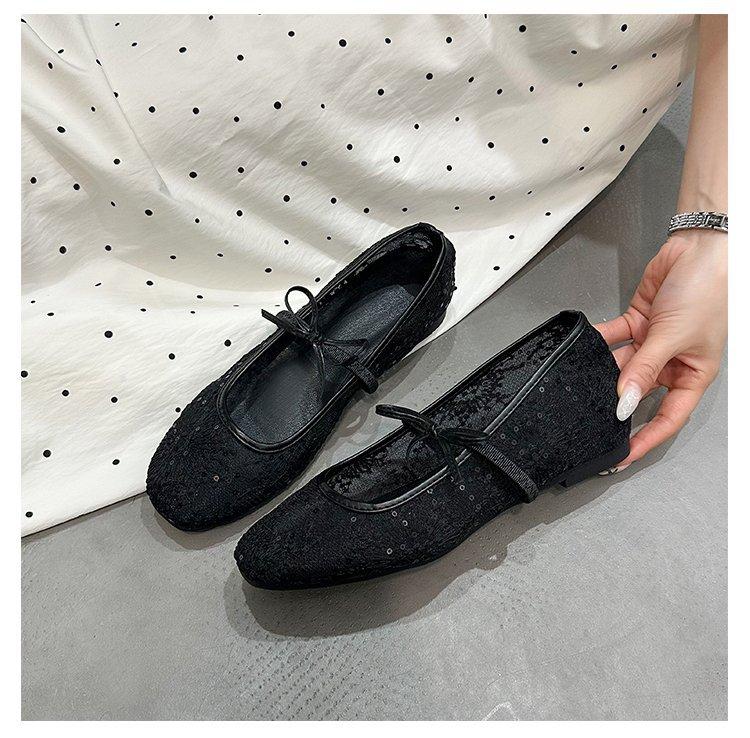 Soft soles are not tired of feet, spring and summer mesh embroidery bow single shoes women's Chinese sexy hollow Mary Jane shoes flats