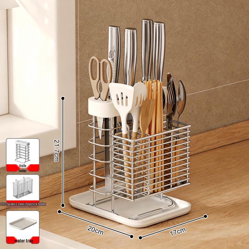 304 Stainless Steel Kitchen Storage Rack with Chopstick Holder, Knife Block, and Cutting Board Storage