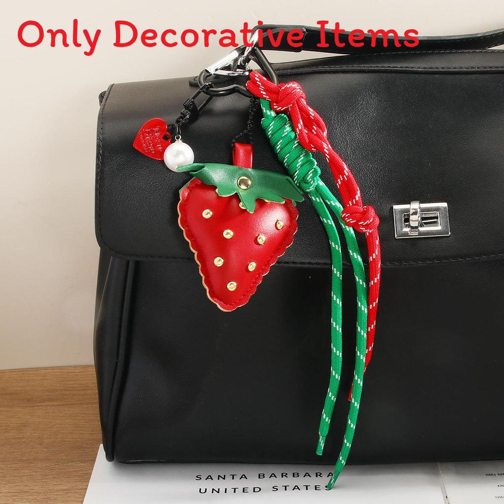 Miu Style Leather Strawberry Keychain With Handwoven Rope For Bags And Mobile Phones