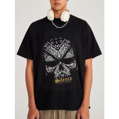 Black T Shirt Men Skull Bandana Print Silence Is Also A Choice Graphic Tee Streetwear Casual Fashion Top For Daily Wear And Urban Style