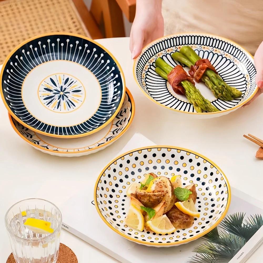 4 pièces assiettes en céramique de 8 pouces, assiettes de service pour table à manger japonaise, assiettes à salade et à pâtes avec motif en relief