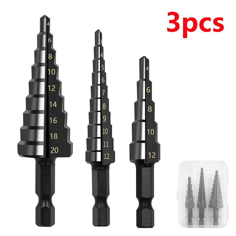 3pcs 3-12mm 4-12mm 4-20mm HSS Straight Groove Step Drill Bit Set Titanium Coated Wood Metal Hole Cutter Core Drill Bit Set