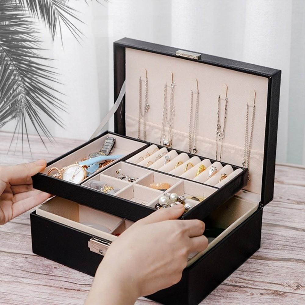 with Lock Leather Jewelry Organizer 2 Layer Necklace Earring Box  for Necklace Rings Earrings