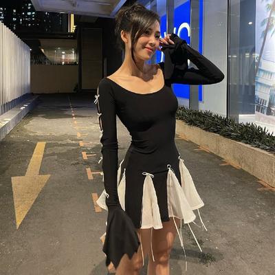 Lace Up Bow Dress For Women Folds Splice Bodycon Mini Dress Hot E-Girls High Street Slim Cute Dress Y2k 2024 Spring