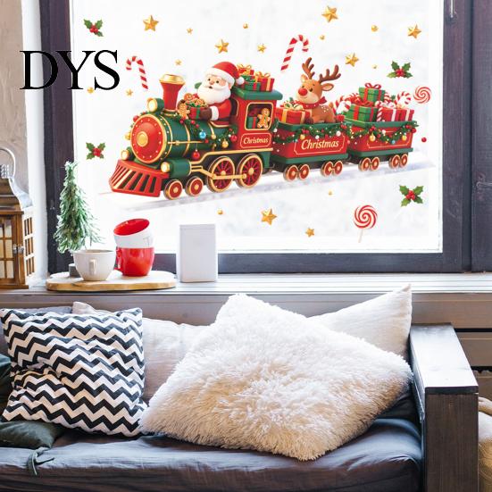 Holiday Glass Decals Christmas Train Wall Sticker, Santa Claus Reindeer Decals, Self Adhesive Kids Room Ornament Murals, Removable PVC Art Decor