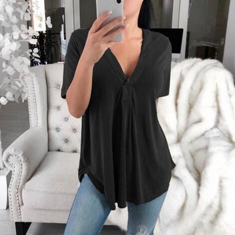 Summer Sexy Women Fashion Casual Loose Tops Casual T-Shirt Summer V-Neck Solid Color Plus Size Short Sleeve Blouse