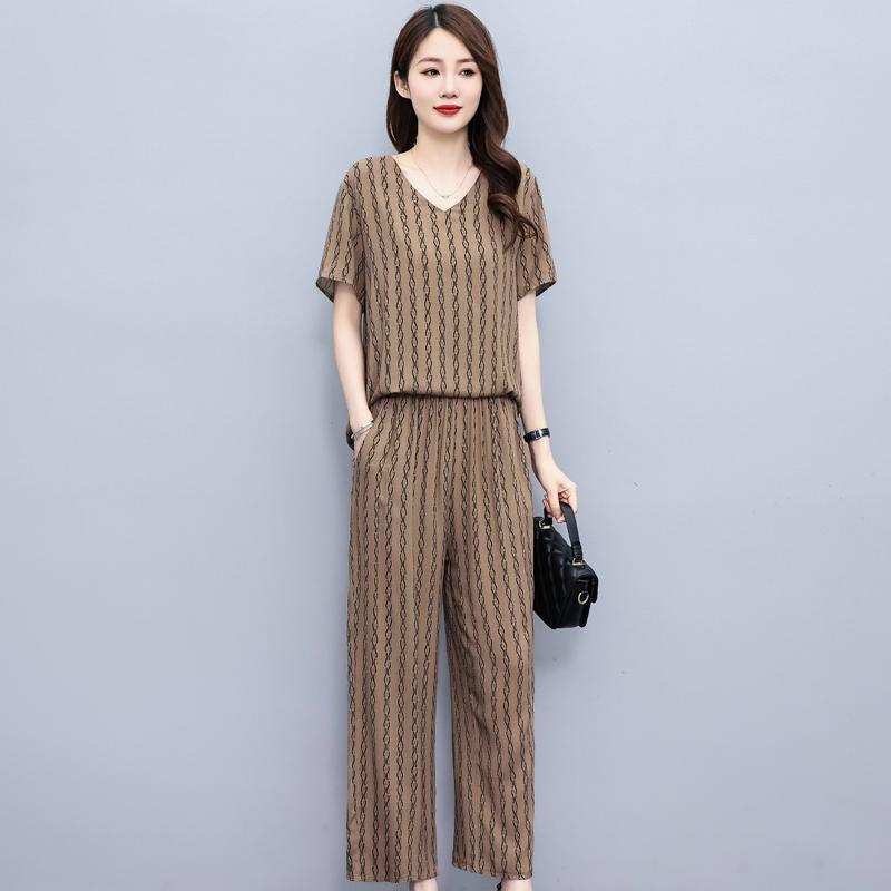 Sommeranzug für Frauen im mittleren Alter Neue elegante zweiteilige Sets Damen-Outfits Lose Vintage-Druck-Hosen-Set mit weitem Bein