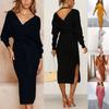 Elegant Women Winter Deep V-neck Knitted Sweater Dress With Cozy Long Sleeves