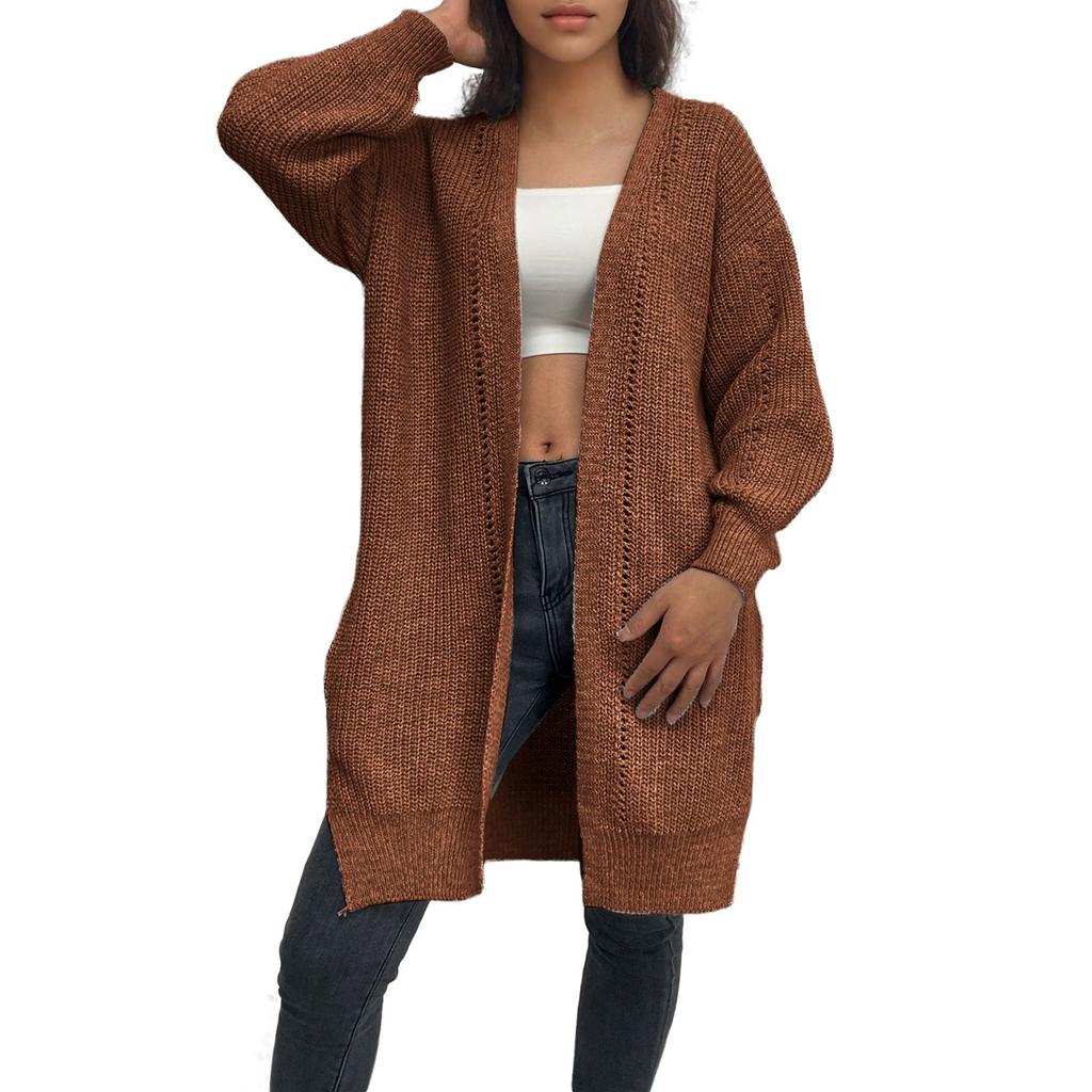 20/5000 Women's Solid Color Loose Medium Long Knitted Long Sleeve Loose Cardigan Coat For Women
