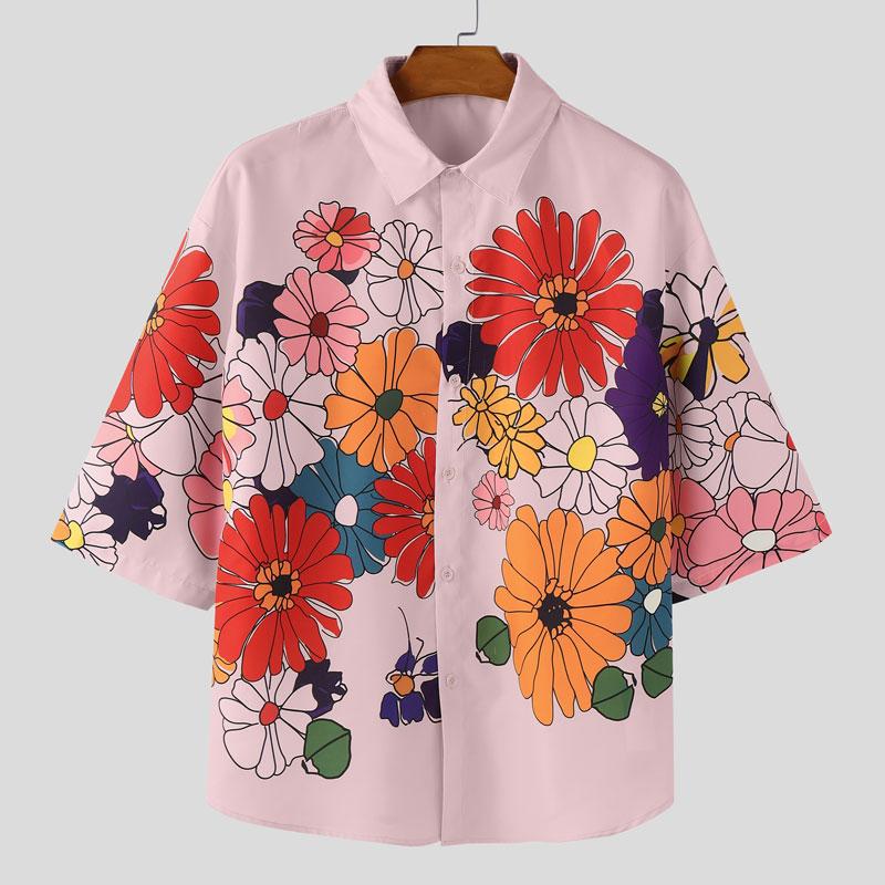 INCERUN Cămăși și topuri casual supradimensionate pentru bărbați, cu guler rabatat, mâneci 3/4, nasturi și imprimeu floral, pentru vacanță