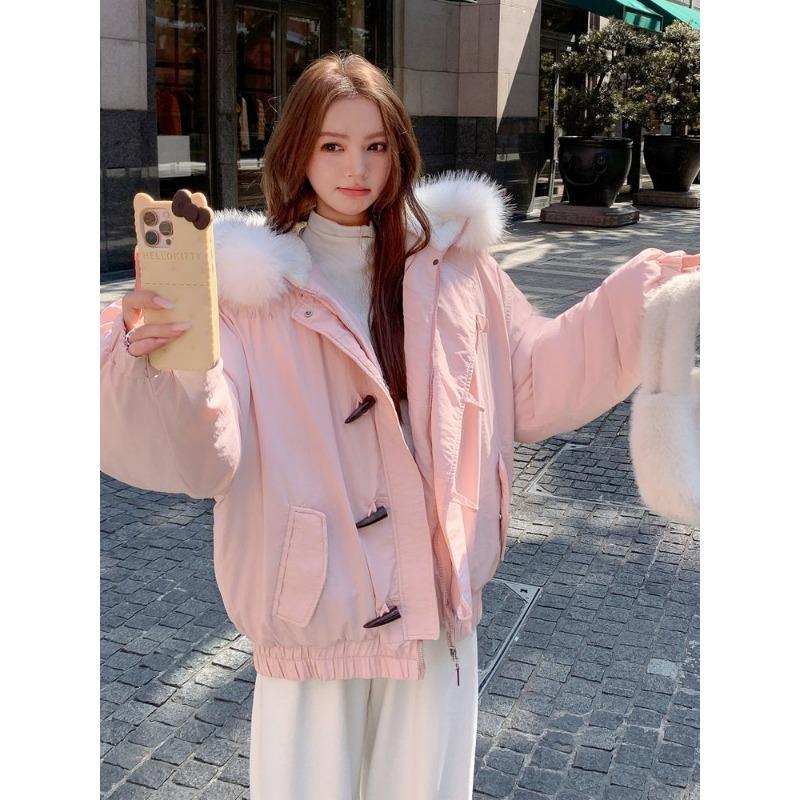 

Padded clothes women s winter horn buckle design sense large fur collar thickened padded jacket new pie overcome padded jacket XL [Excellent Quality] розовый