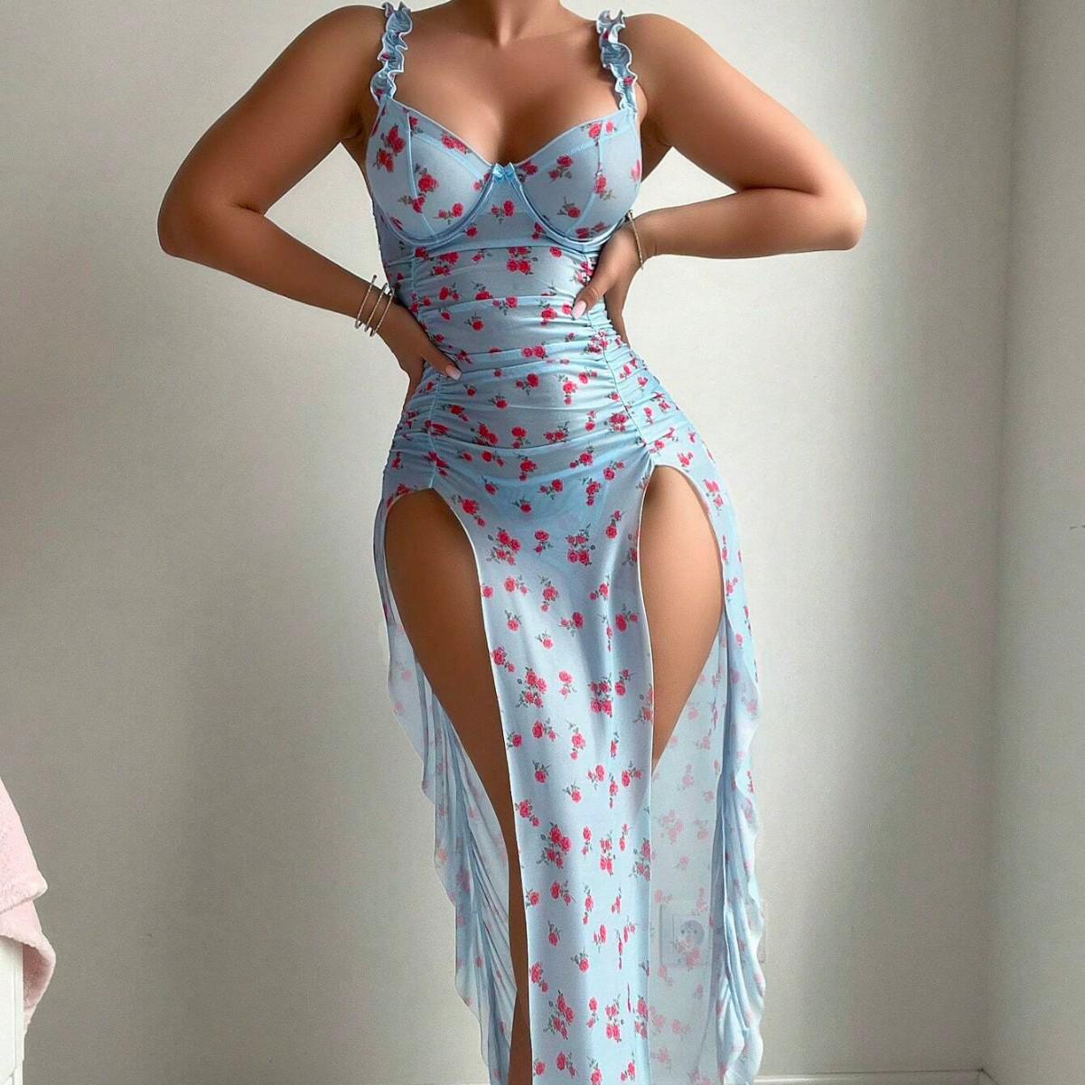 

European & American Plus Size Printed Backless Lingerie Sleepwear Set L Фіолетовий