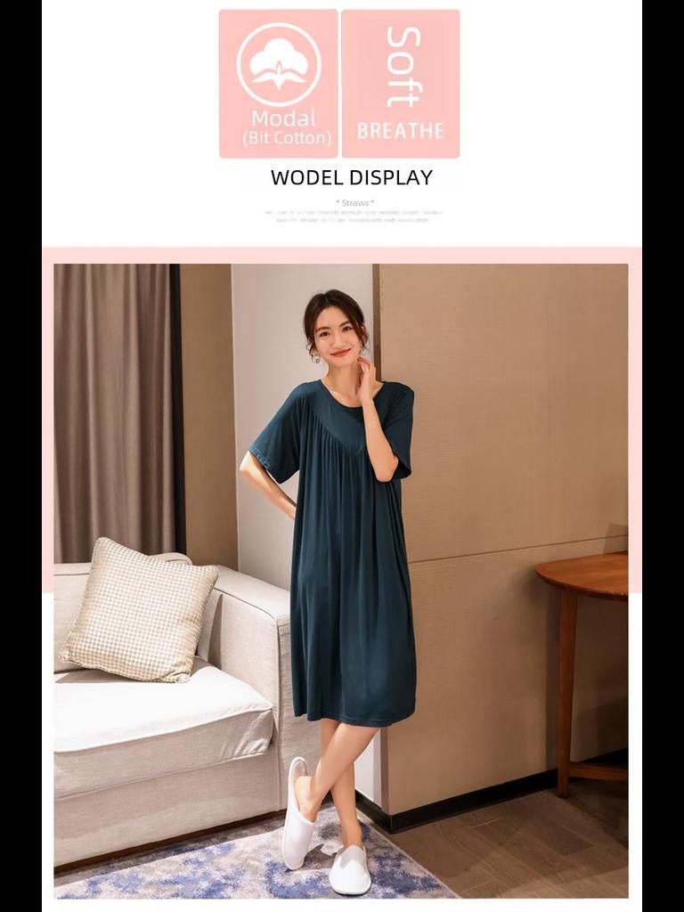 Modal Summer Nightdress - Plus Size, Casual, Short-Sleeved, V-Neck, Pleated Long Skirt