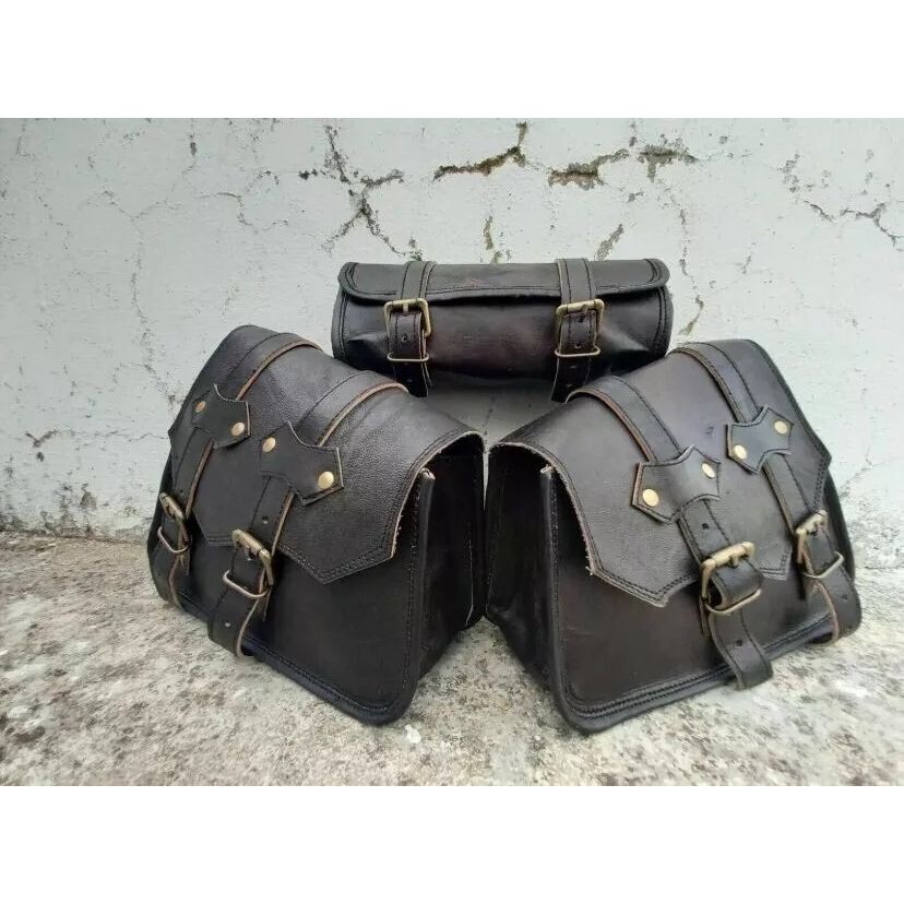 Combo Of Black Vintage Δερμάτινη τσάντα 3 σέλων για μοτοσικλέτα Panniers Πλαϊνή τσάντα εργαλείων
