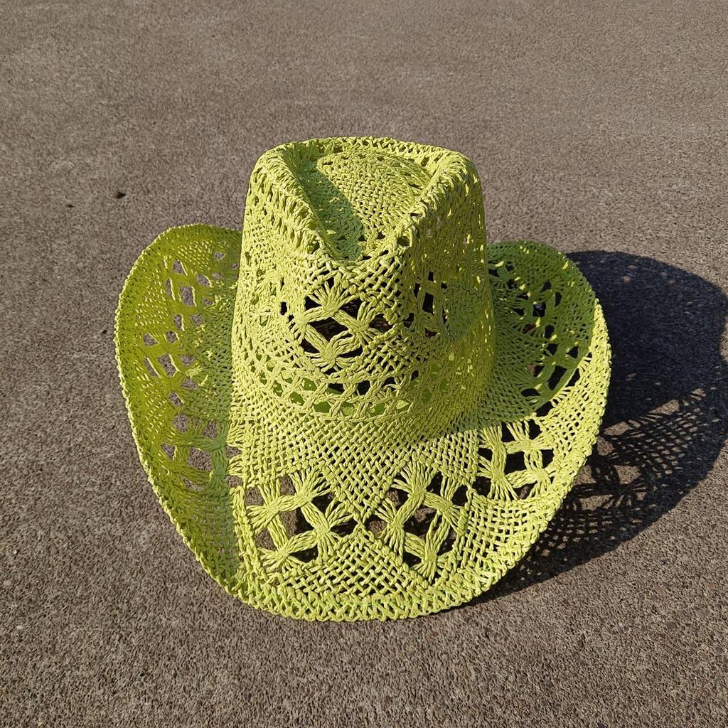 Hand Woven Panama Straw Cowboy Hat Bohemian Beach Sun Hat UV Protection Windproof Cowboy Straw Hat