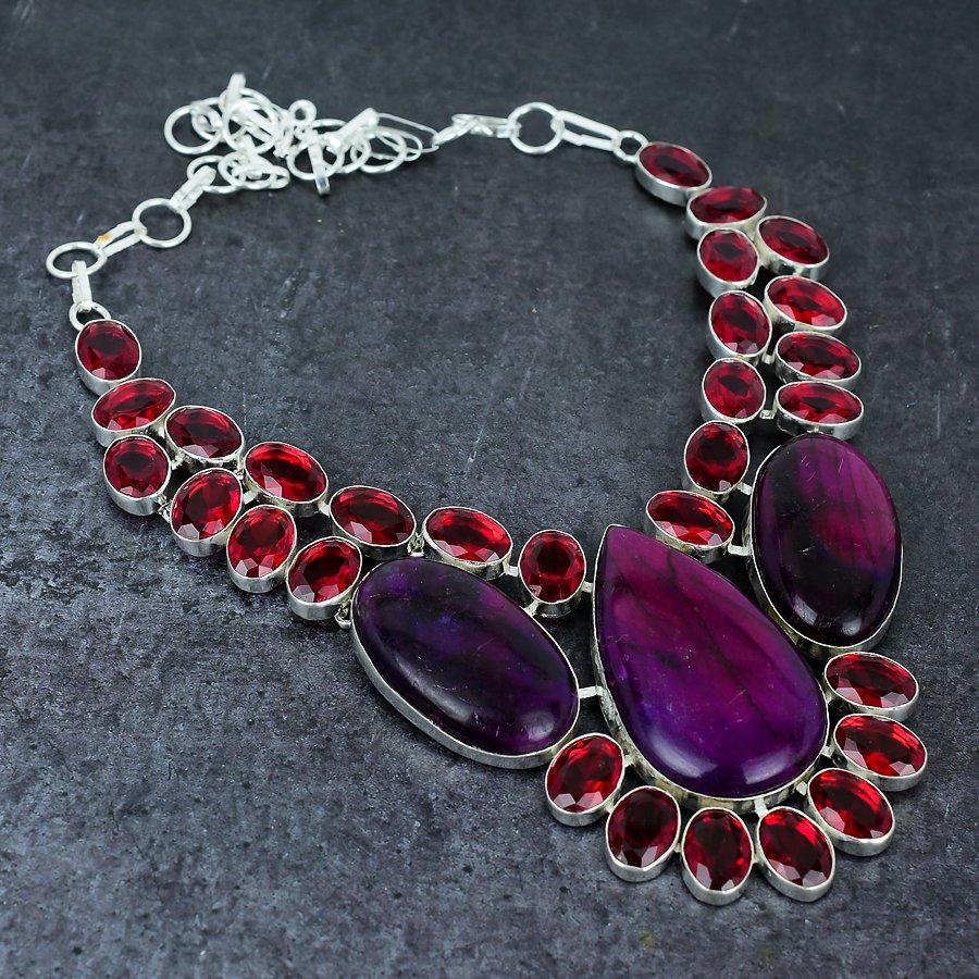 Purple Labradorite, Garnet Handmade 925 Sterling Silver Necklace 18" W2b13