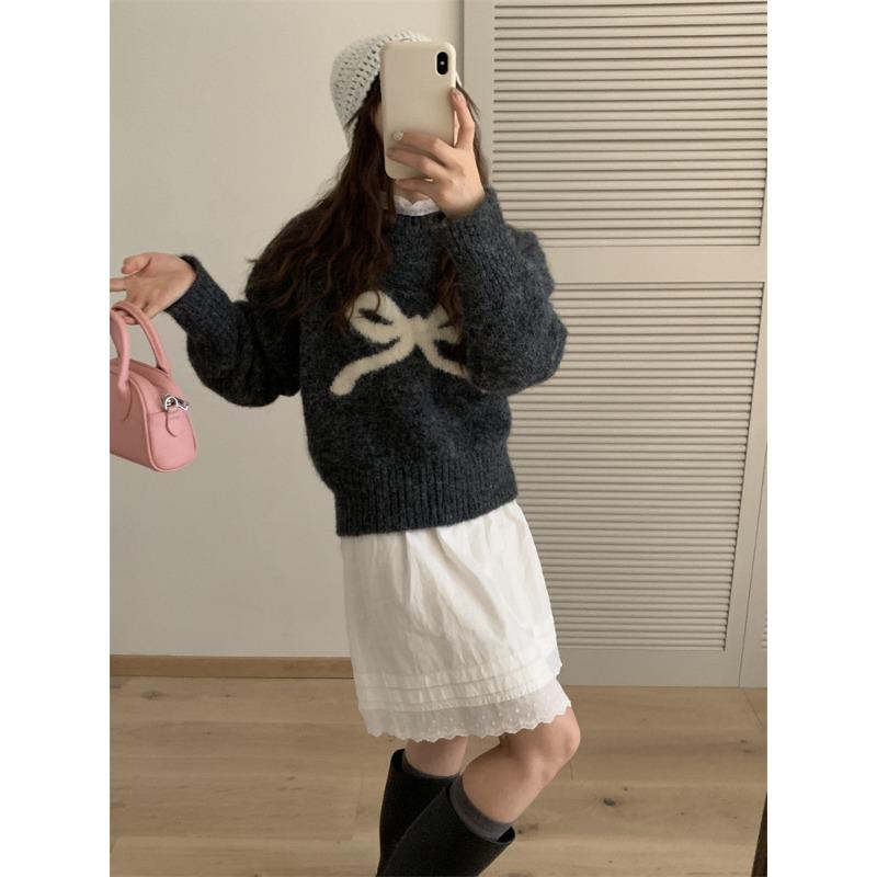 

Autumn and winter new women s clothing high-end crew-neck sweater women s fashion lazy style loose women s long-sleeved knitted sweater One size темно-серого