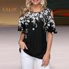 Damen T-Shirt Rundhalsausschnitt Kalte Schulter Kurzarm T-Shirt Lockere Passform Blumendruck Lässiges T-Shirt Für Den Alltag