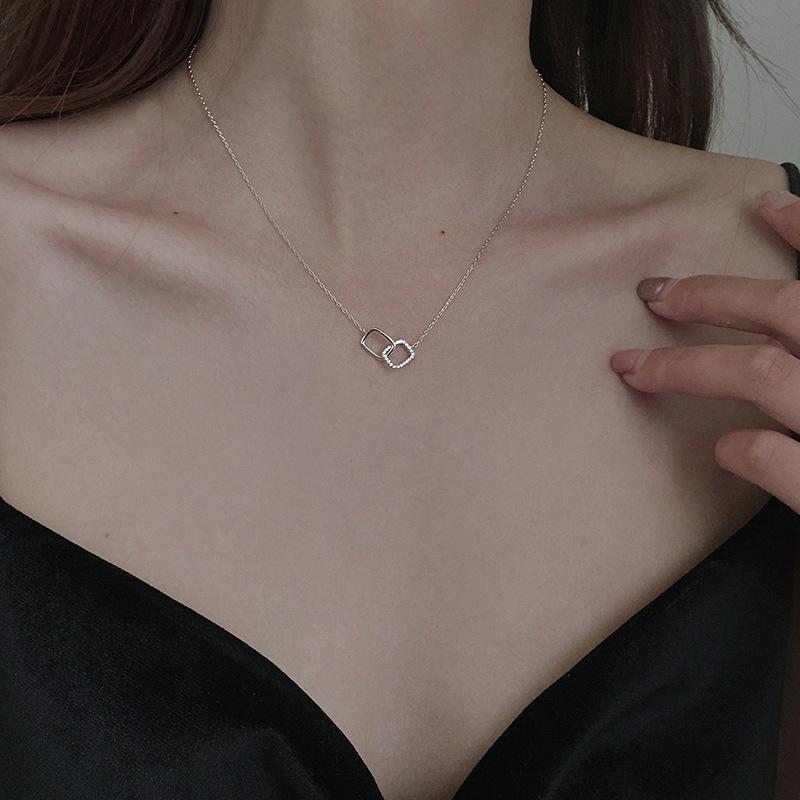 S925 Sterling Silver Square Double Ring Necklace Female Korean Version Fashion Niche Design Geometric Pendant Simple Collarbone Chain Tide