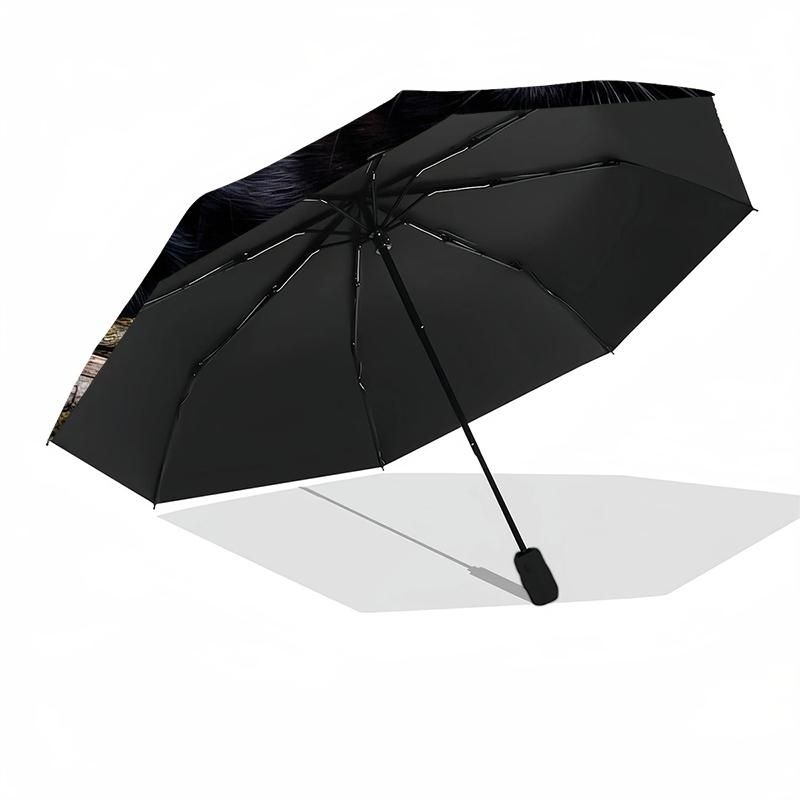 1pc Sturdy 8-Bone Auto Umbrella, Adorable Black Feline Pair Umbrella, Digital Printed, Foldable Umbrella for On-the-Go Outdoor Use