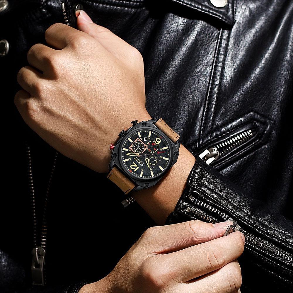 CURREN Men's Leather Watch Square Multifunction Chronograph Quartz Waterproof Fashion Wristwatches