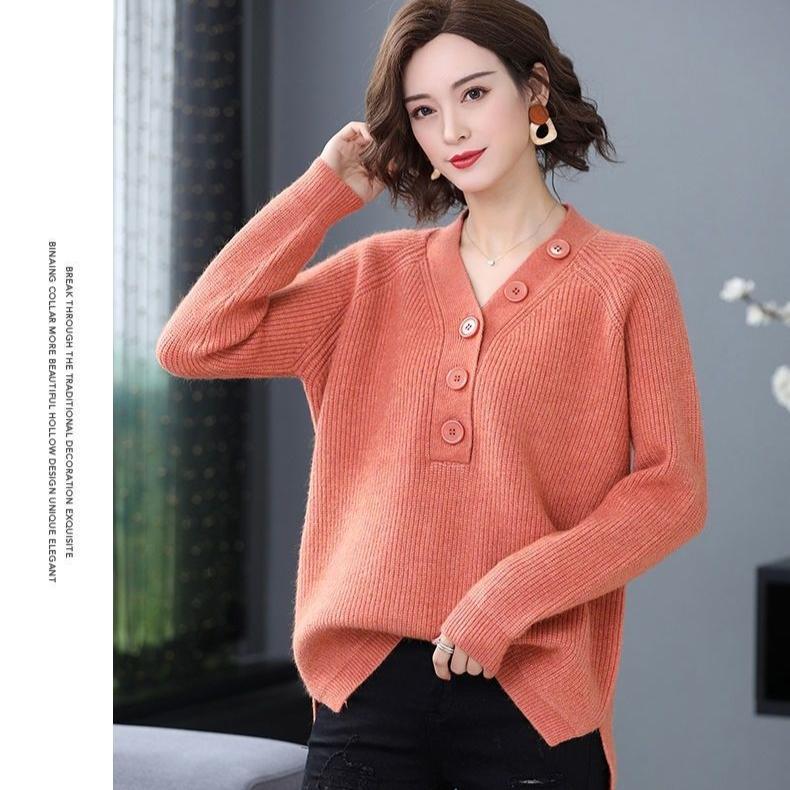 Spring and Autumn Women's V-Neck Sweater Loose Plus Size Knit Sweater Split Pullover Knit Tops Jumper