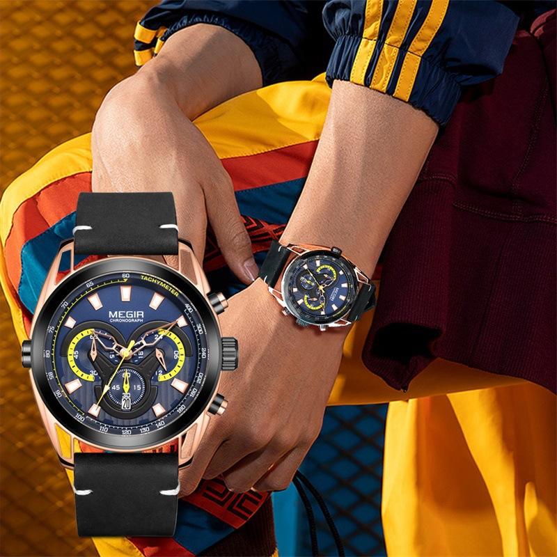 Watch Men'S Trend Blue Chronograph Leather Watc Sports Quartz Watch 2135