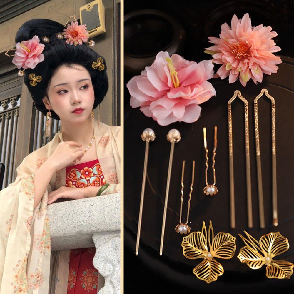 1 Set Classical Ancient Hair Stick Chinese Style Flower Hair Comb Retro Tang Dynasty Hairpin  Women