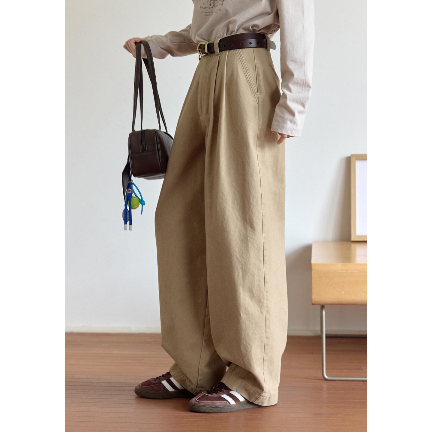 Pre-sale Women s Japanese Khaki Embroidered High Waist Wide Leg Casual Pants L